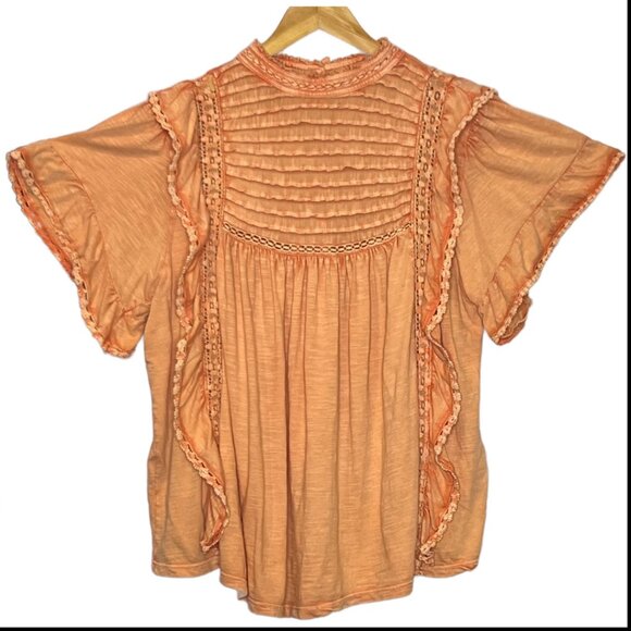 Free People Le Femme T-Shirt Pintuck Lace Ruffle Blouse Top Sz XL Tall - Picture 4 of 9